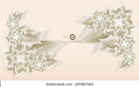 gold paper flowers and Brown color background. Abstract paper gold and white flowers.vector Illstration