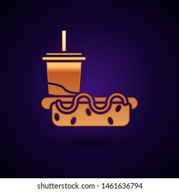 Gold Paper glass with drinking straw and hotdog icon isolated on dark blue background. Soda aqua drink sign. Hamburger, cheeseburger sandwich.  Vector Illustration