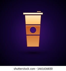 Gold Paper glass and water icon isolated on dark blue background. Soda drink glass. Fresh cold beverage symbol.  Vector Illustration