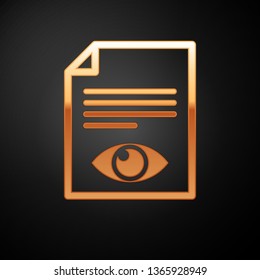 Gold Paper page with eye symbol icon isolated on black background. Open information file sign. Vector Illustration