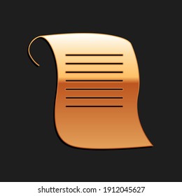 Icono de desplazamiento de papel dorado aislado en fondo negro. Signo de desplazamiento de lienzo. Estilo de sombra larga. Vector.