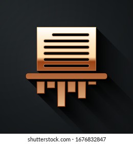 Gold Paper shredder confidential and private document office information protection icon isolated on black background. Long shadow style. Vector Illustration
