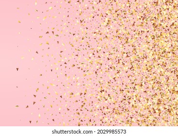 Gold Particle Christmas Vector Pink Background. Falling Sequin Pattern. Golden Triangle Abstract Texture. Sequins Transparent Postcard.
