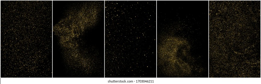 Conjunto de textura de glitter dourado isolado no fundo preto. Poeira estelar dourada. Cor de partículas âmbar. Chuva de brilhos. Ilustração vetorial, Eps 10.