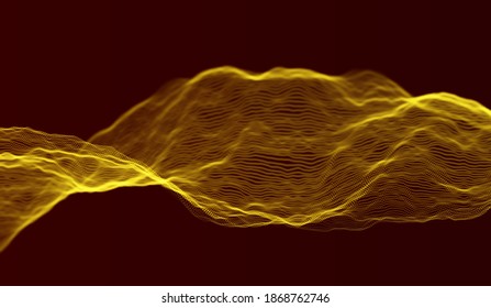 Gold particle wave background. Abstract dynamic mesh. Big data technology. Vector grid illustration.