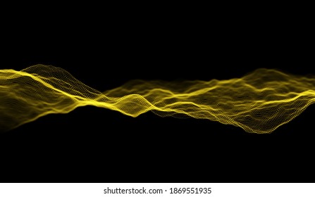 Gold particle wave background. Abstract dynamic mesh. Big data technology. Vector grid illustration.