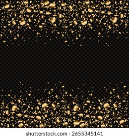 Partículas de oro de diferentes tamaños vuelan desde arriba y abajo sobre un fondo transparente