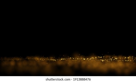 Gold particles dust on black. Abstract luxury background with defocused golden glitters.