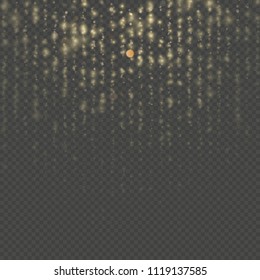 Gold particles lines rain. Sparkling of shimmering light blurs. Overlay transparent glitter threads of curtain backdrop. Christmas and New Year effect. Sparkling of shimmering light blurs. EPS 10