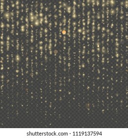 Gold particles lines rain. Sparkling of shimmering light blurs. Overlay transparent glitter threads of curtain backdrop. Christmas and New Year effect. Sparkling of shimmering light blurs. EPS 10