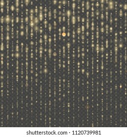 Gold particles lines rain. Sparkling of shimmering light blurs. Overlay transparent glitter threads of curtain backdrop. Christmas and New Year effect. Sparkling of shimmering light blurs. EPS 10