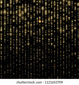 Gold particles lines rain. Sparkling of shimmering light blurs. Glitter threads of curtain backdrop on black. Christmas and New Year effect. Sparkling of shimmering light blurs. EPS 10