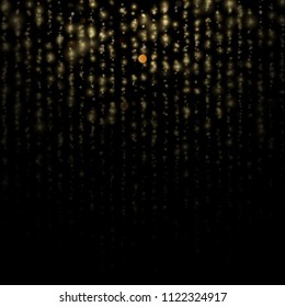 Gold particles lines rain. Sparkling of shimmering light blurs. Glitter threads of curtain backdrop on black. Christmas and New Year effect. Sparkling of shimmering light blurs. EPS 10