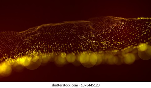 Gold particles wave background. Abstract dynamic mesh. Big data technology. Vector grid illustration.