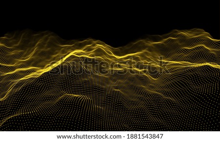Gold particles wave background. Abstract dynamic mesh. Big data technology. Vector grid illustration.