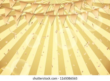 Gold party flag and confetti on sunburst background