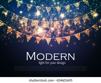 Gold Party Flags with Confetti. Celebration Design with Shining Particles. Vector illustration. 