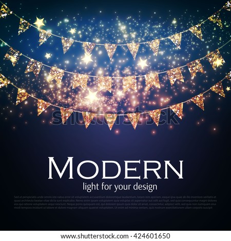 Gold Party Flags with Confetti. Celebration Design with Shining Particles. Vector illustration. 