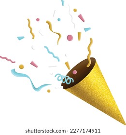 Gold party popper with exploding confetti for celebration isolated clipart