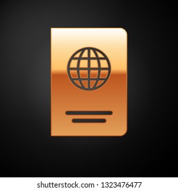 Gold Passport with biometric data icon isolated on black background. Identification Document. Vector Illustration