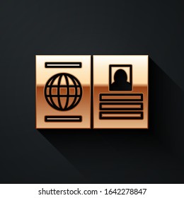 Gold Passport with biometric data icon isolated on black background. Identification Document. Long shadow style. Vector Illustration