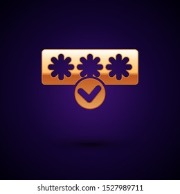 Gold Password protection and safety access icon isolated on dark blue background. Security, safety, protection, privacy concept.  Vector Illustration