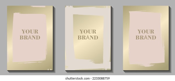 Gold and pastel color frame for cover design. Golden brush strokes. Luxury background for cards, flyer, poster, print. Pastel set template for design. Place for text.