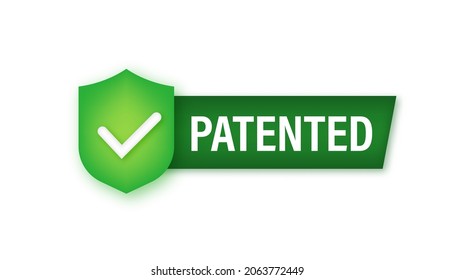 Gold patented label on red ribbon on white background. Vector stock illustration