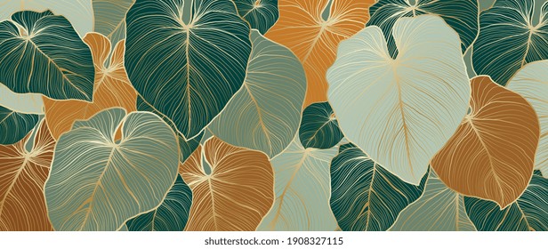 Gold pattern background vector. Monstera and tropical palm leaves line arts design wallpaper for canvas prints, fabric, wall arts for home decoration, website background. luxury  invitations.