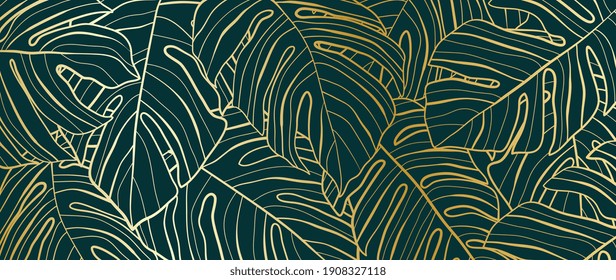Gold pattern background vector. Monstera and tropical palm leaves line arts design wallpaper for canvas prints, fabric, wall arts for home decoration, website background. luxury  invitations.