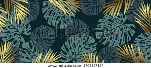 Gold\
pattern background vector. Monstera and tropical palm leaves line\
arts design wallpaper for canvas prints, fabric, wall arts for home\
decoration, website background. luxury \
invitations.