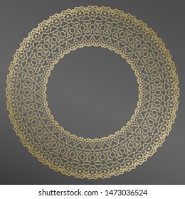Gold pattern element on background. Round transparent frame. Plate.