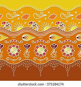 Gold pattern with elephants, clouds, sun and flowers