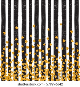 Gold pattern of falling hearts confetti on stripe background. Border design for festive banner, greeting card, postcard, wedding invitation, Valentines day and save the date card. Vector illustration.