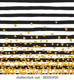Gold pattern of falling hearts confetti on stripe background. Border design for festive banner, greeting card, postcard, wedding invitation, Valentines day and save the date card. Vector illustration.
