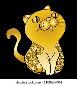 gold pattern fat cat tattoo vector.Japanese tattoo design on body of cat.