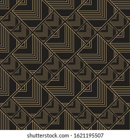 Gold pattern. Linear geometric Art Deco bricks. 20s retro style. Luxury seamless pattern. Packaging or menu design. Vector. Golden tiles.