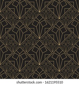 Gold pattern. Linear geometric Art Deco bricks. 20s retro style. Luxury seamless pattern. Packaging or menu design. Vector. Golden tiles.