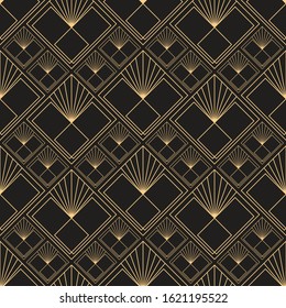 Gold pattern. Linear geometric Art Deco bricks. 20s retro style. Luxury seamless pattern. Packaging or menu design. Vector. Golden tiles.