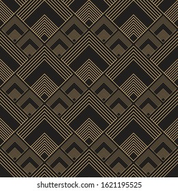Gold pattern. Linear geometric Art Deco bricks. 20s retro style. Luxury seamless pattern. Packaging or menu design. Vector. Golden tiles.
