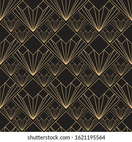 Gold pattern. Linear geometric Art Deco bricks. 20s retro style. Luxury seamless pattern. Packaging or menu design. Vector. Golden tiles.