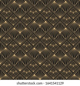 Gold pattern. Linear geometric Art deco bricks. 20s retro style. Luxury seamless pattern. Packaging or menu design. Vector. Golden tiles.