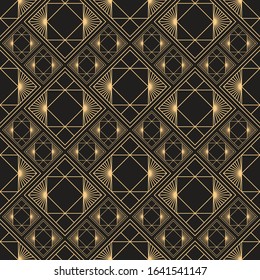 Gold pattern. Linear geometric Art deco bricks. 20s retro style. Luxury seamless pattern. Packaging or menu design. Vector. Golden tiles.