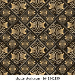 Gold pattern. Linear geometric Art deco bricks. 20s retro style. Luxury seamless pattern. Packaging or menu design. Vector. Golden tiles.