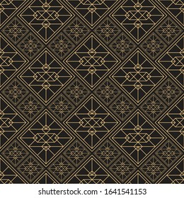 Gold pattern. Linear geometric Art deco bricks. 20s retro style. Luxury seamless pattern. Packaging or menu design. Vector. Golden tiles.