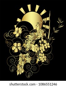 Gold pattern Peacock with cherry blossom and bamboo on clound background.colorful Chinese tattoo design.