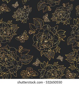 Gold pattern with peony flower on black background. 