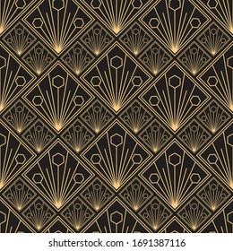 Gold pattern for perfume. Linear geometric Art Deco bricks. 20s retro style. Luxury seamless pattern. Packaging or menu design. Vector. Golden tiles.