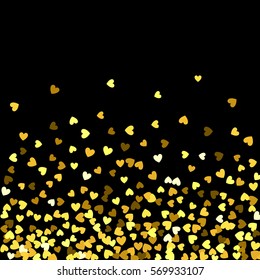 Gold pattern of random falling hearts shape confetti. Border design element for festive banner, greeting card, postcard, wedding invitation, Valentines day and save the date card. Vector illustration.