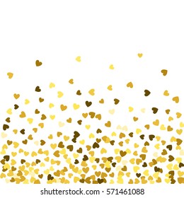 Gold pattern of random falling hearts shape confetti. Border design element for festive banner, greeting card, postcard, wedding invitation, Valentines day and save the date card. Vector illustration.